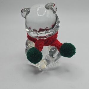 Fenton Clear Glass Bear with Red and Green Scarf